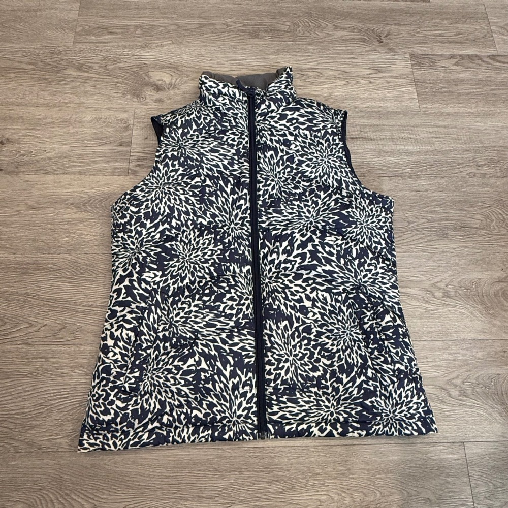 Lands End Womens Down Puffer Vest Navy Blue White Floral Print Size S 6-8